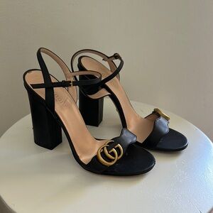 Black Leather Sandals with Gold Accent